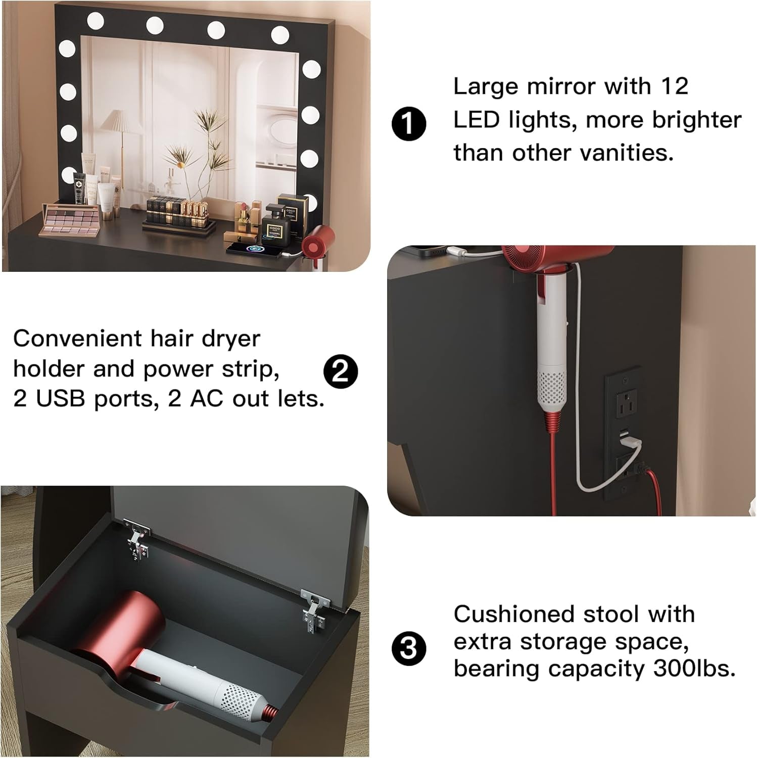 Vanity Table Set with Lighted Mirror - Makeup Vanity with Charging Station, Large Drawer Sturdy Wood Vanity with Lights, 3 Color Modes, Adjustable Brightness，Black