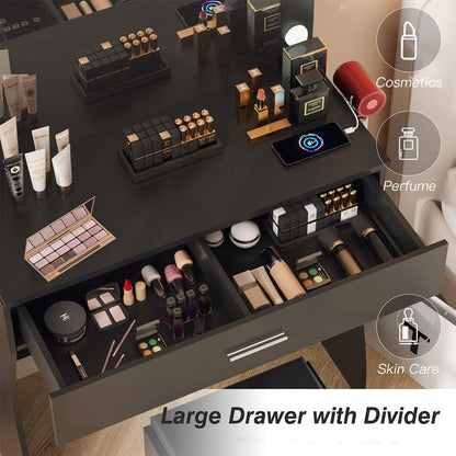 Vanity Table Set with Lighted Mirror - Makeup Vanity with Charging Station, Large Drawer Sturdy Wood Vanity with Lights, 3 Color Modes, Adjustable Brightness，Black